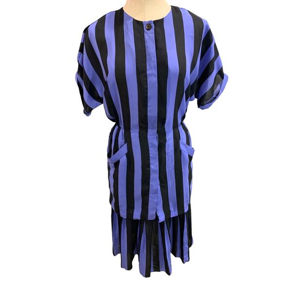 Size 6 Blake Elizabeth Purple Black Stripe Vintage 1980s Dress Pockets Pleated - Picture 2 of 8